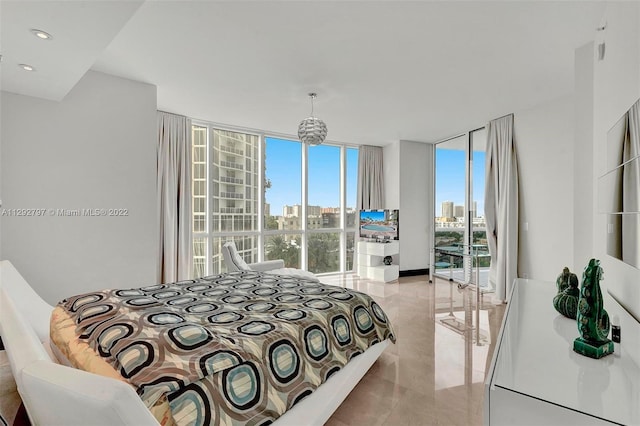 tiled bedroom with expansive windows