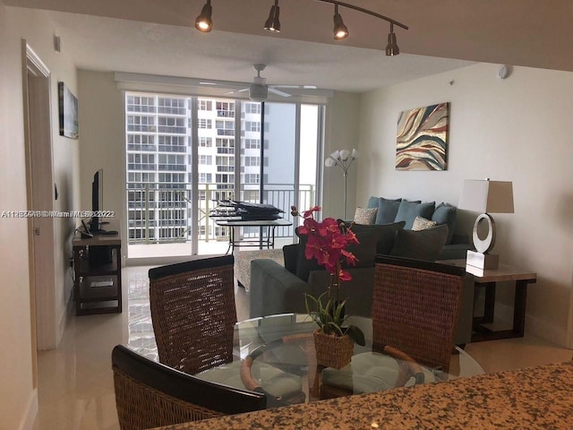 living room with ceiling fan, rail lighting, and a wealth of natural light