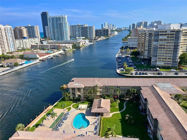 aerial view featuring a water view