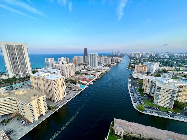 drone / aerial view featuring a water view