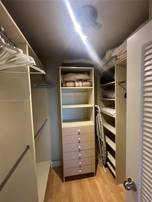 walk in closet with light hardwood / wood-style floors