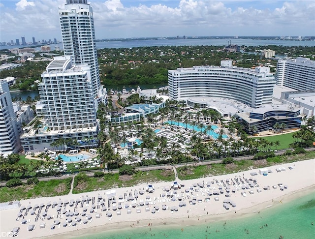 aerial view featuring a beach view and a water view