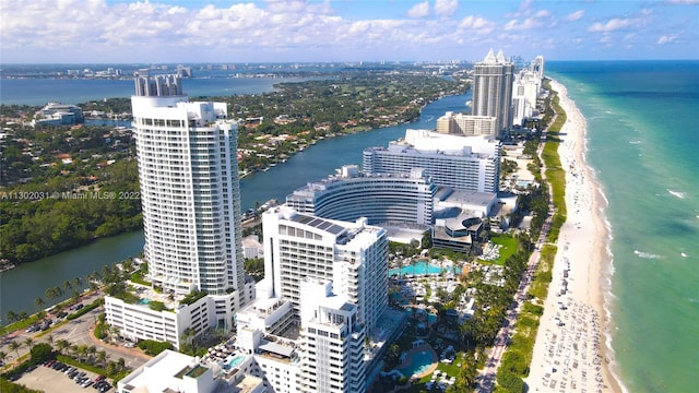 bird's eye view with a view of the beach and a water view