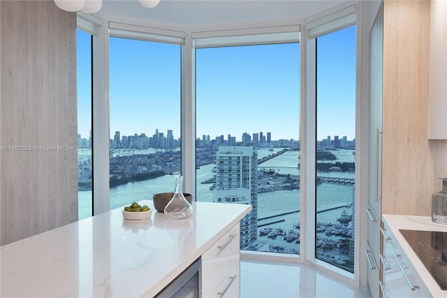 bathroom featuring a water view, a healthy amount of sunlight, and tile flooring