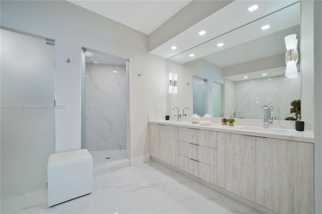 bathroom featuring tiled shower, dual bowl vanity, and tile flooring