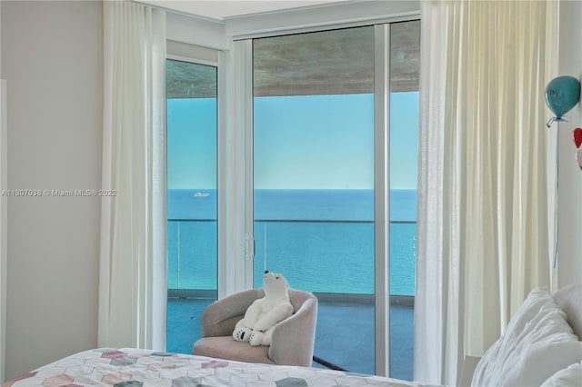 bedroom featuring a water view and a closet