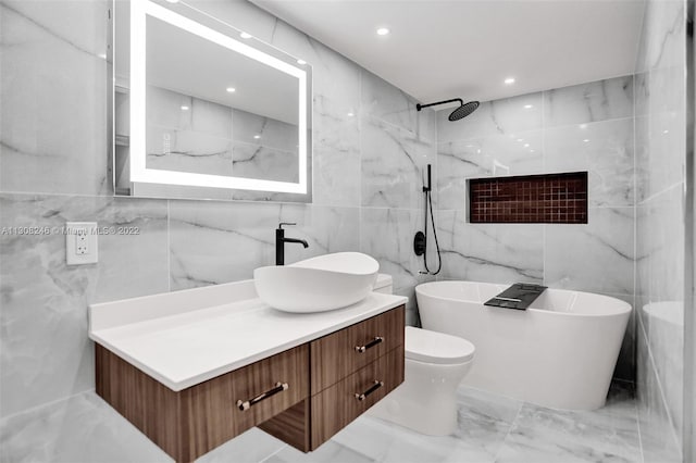 bathroom featuring tile walls, tile floors, and vanity