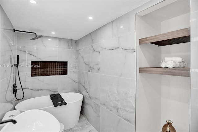 bathroom featuring toilet, tile flooring, tile walls, and tiled shower