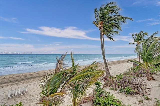 view of water feature with a beach view