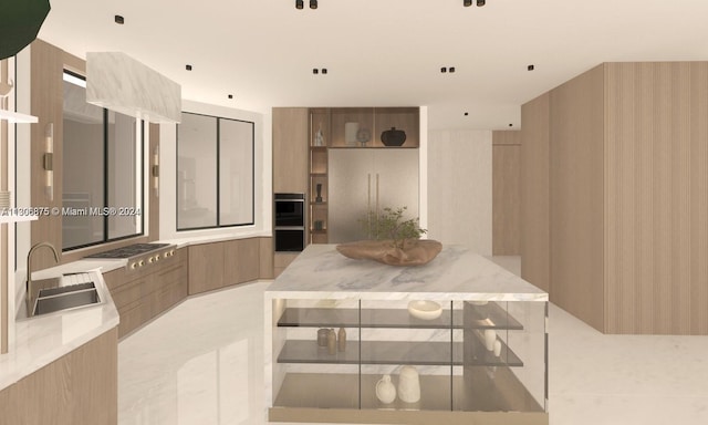 kitchen featuring stainless steel gas cooktop, sink, double wall oven, light tile patterned flooring, and white refrigerator