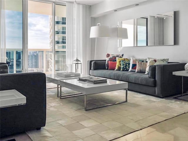 tiled living room with plenty of natural light