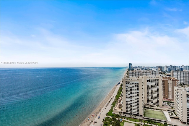 drone / aerial view with a water view and a view of the beach