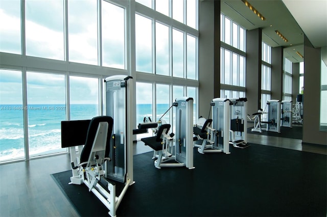 workout area with a water view, a high ceiling, expansive windows, and plenty of natural light