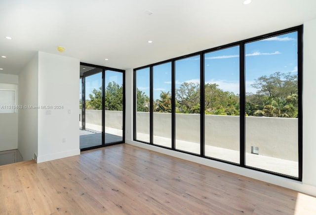 unfurnished room with expansive windows, a healthy amount of sunlight, and light wood-type flooring