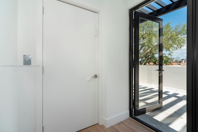 doorway featuring light wood-type flooring and french doors