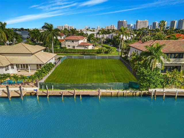 drone / aerial view featuring a water view