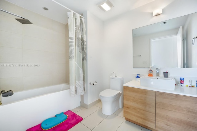 full bathroom featuring vanity, shower / bathtub combination with curtain, toilet, and tile flooring