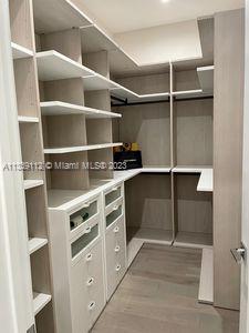 walk in closet with light hardwood / wood-style floors