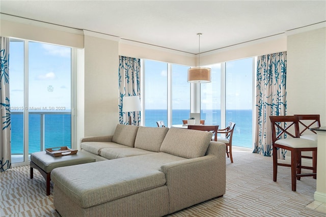 living room featuring crown molding and a water view