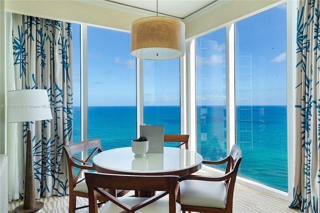 dining area with crown molding and a water view