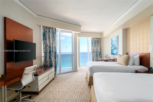 carpeted bedroom with a textured ceiling, crown molding, access to exterior, and a water view