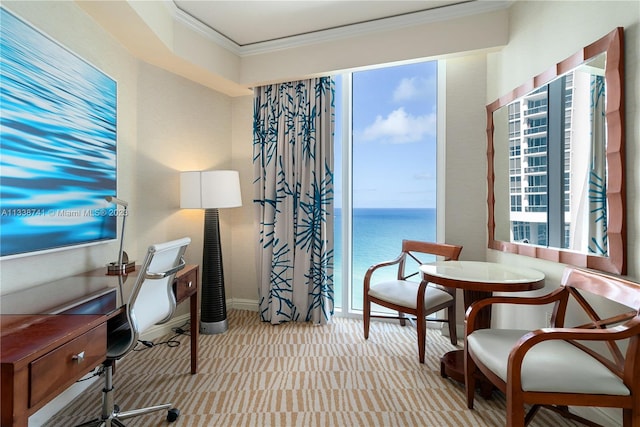 living area featuring light carpet, a water view, and crown molding