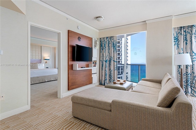 living room with light carpet, a water view, and crown molding