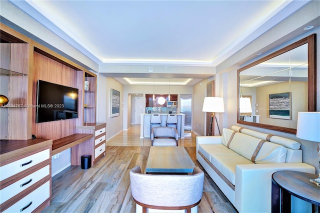 living room featuring light hardwood / wood-style floors and a raised ceiling