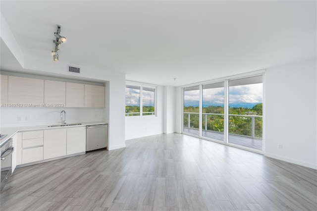 unfurnished living room with floor to ceiling windows, light hardwood / wood-style floors, track lighting, and sink