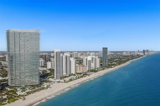 aerial view with a water view and a beach view