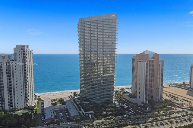 view of water feature with a beach view