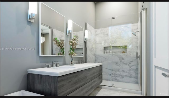 bathroom featuring oversized vanity, an enclosed shower, tile floors, and double sink