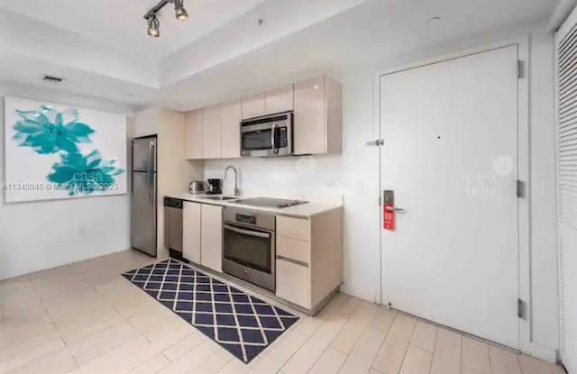 kitchen with rail lighting, appliances with stainless steel finishes, a tray ceiling, and sink