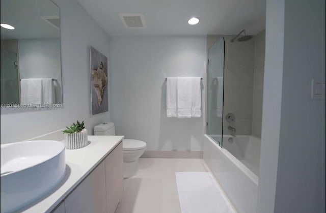 full bathroom with shower / bath combination, tile floors, oversized vanity, and toilet