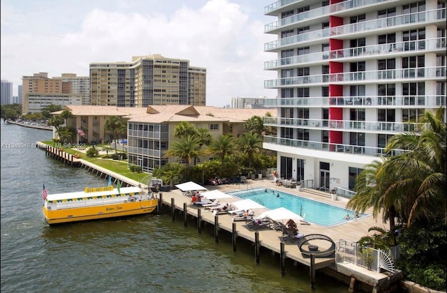 view of swimming pool with a water view and a patio