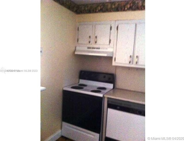 kitchen with white appliances, white cabinetry, and ventilation hood