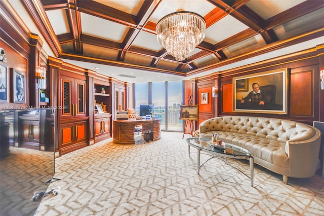 interior space with ornamental molding, a notable chandelier, coffered ceiling, and light colored carpet