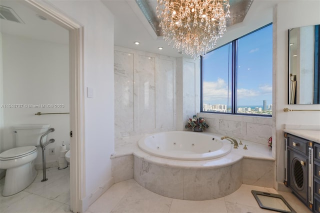 bathroom with vanity, tile floors, a chandelier, and toilet