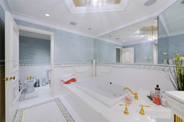 bathroom featuring tile walls, toilet, a bidet, crown molding, and a notable chandelier