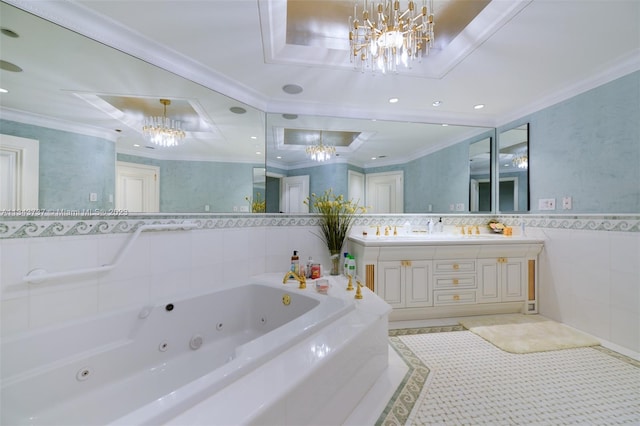 bathroom featuring a chandelier, double vanity, crown molding, a tray ceiling, and tile flooring