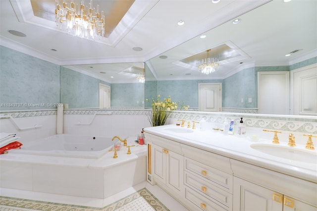 bathroom featuring crown molding, dual bowl vanity, a bath, tile flooring, and a notable chandelier