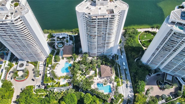 aerial view featuring a water view