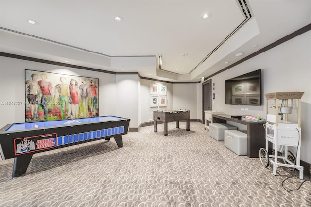 playroom featuring carpet, billiards, a raised ceiling, and crown molding