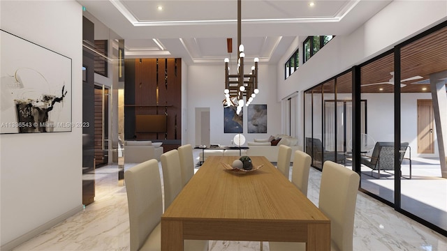 dining room with a towering ceiling, a notable chandelier, a raised ceiling, and light tile patterned floors