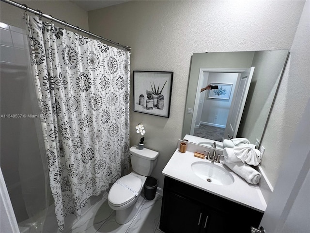 full bathroom with vanity, toilet, and shower / tub combo with curtain