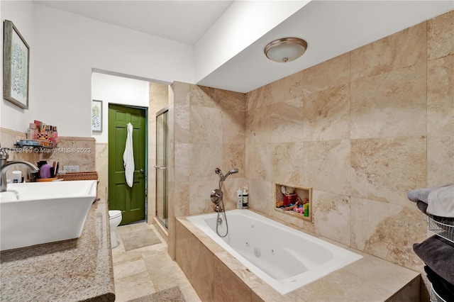 full bathroom featuring toilet, tile walls, plus walk in shower, tile floors, and sink