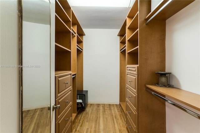 walk in closet with light wood-type flooring