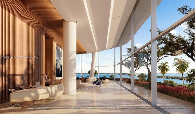 community lobby with a water view