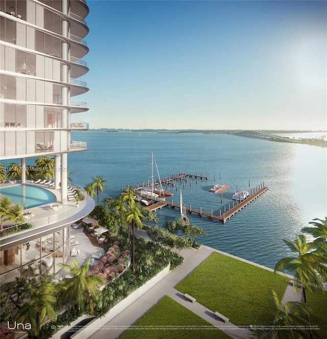 property view of water featuring a boat dock