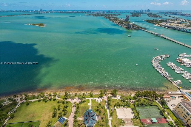 birds eye view of property featuring a water view